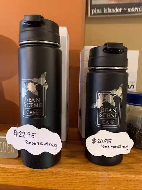Travel mugs with price tags